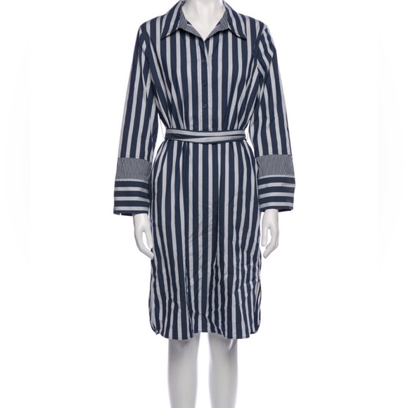 Lafayette 148 Fabiola Twilight Dungaree Blue Stripe Long Sleeve Belted Shirtdres - Picture 2 of 9